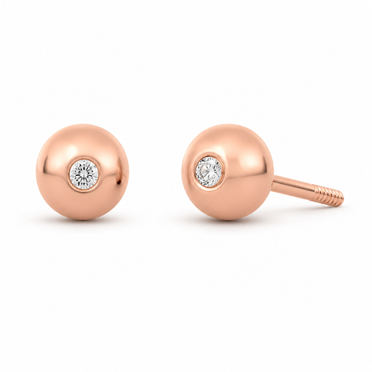 Broqueles Bola Lisa Rosa con Diamante